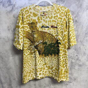 Vintage Costa Rica Jaguar AOP T Shirt Mens 2XL Yellow Nature